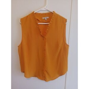 Reese Womens Mustard Yellow Ruffle V-Neck Sleeveless Button Down Blouse Large